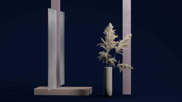 Square concrete podium display on dark blue background near small palm tree and different abstract figures. Minimal design. 3d rendering. — Stock Photo, Image