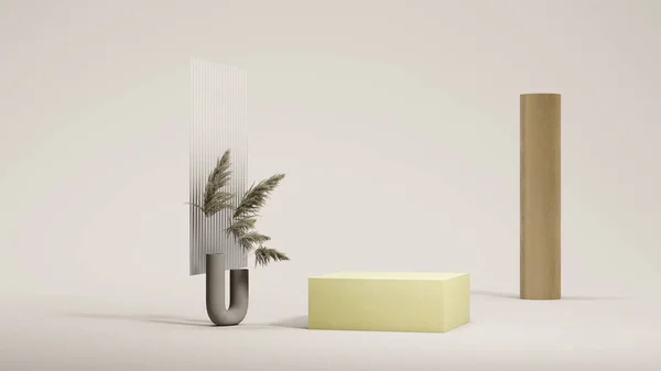 Gele vierkante podium display in de buurt van plant en glas op felgele achtergrond. Minimaal ontwerp. 3d destructie. — Stockfoto