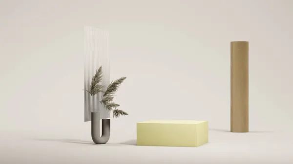 Gelbes quadratisches Podium in der Nähe von Pflanzen und Glas auf leuchtend gelbem Hintergrund. Minimales Design. 3D-Darstellung. lizenzfreie Stockbilder