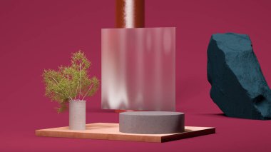 Yuvarlak beton podyum, boş kibrit kutusunun yanında fotokopi alanı taşın yanında ve asit pembesi arka planda. Minimum tasarım. 3d oluşturma.