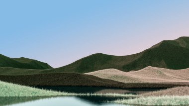 Koyu yeşil tepeleri ve mavi gökyüzü olan gerçeküstü dağlar. Asgari soyut arkaplan. Hafif gürültülü, tüylü bir yüzey. 3d oluşturma