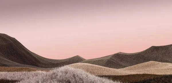 Surrealistyczny krajobraz gór z brązowymi szczytami i różowym niebem. Minimalne abstrakcyjne tło. Kudłaty nawierzchnia z lekkim hałasem. 3d renderowanie — Zdjęcie stockowe