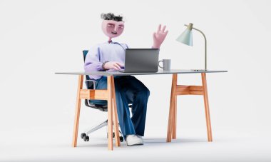 Muhteşem Travor dizüstü bilgisayarda eli kamerayla selamlıyor. Çevrimiçi iletişim kavramı. Son derece detaylı, modaya uygun, soyut bir karakter. Doğru görüş. 3d oluşturma.