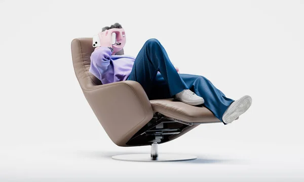 Потрясающий Трэвор говорит по телефону, лежа на кресле. Концепция подключения. Высоко детализированный модный стильный абстрактный характер. Правильный вид. 3d-рендеринг. — стоковое фото