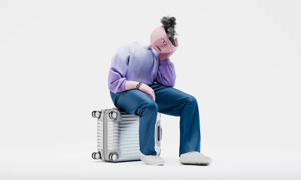 Удивительный Трэвор сидит расстроенный на чемодане путешественников. Высоко детализированный модный стильный абстрактный характер. Правильный вид. 3d-рендеринг. — стоковое фото