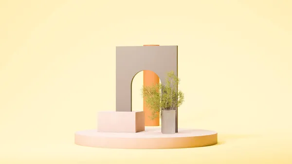 Oranžové kulaté pódium displej na žlutém pozadí s malou rostlinou. Minimální design. 3D vykreslování. — Stock fotografie