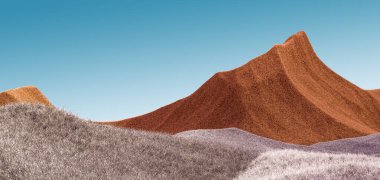 Turuncu, kahverengi tepeleri ve gök mavisi gökyüzü olan sürreal dağları. Asgari soyut arkaplan. Hafif gürültülü, tüylü bir yüzey. 3d oluşturma