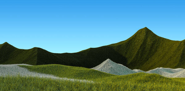 Сюрреальный горный ландшафт с теплым зеленым персиком и голубым небом. Минимальный абстрактный фон. Шегги поверхность с небольшим шумом. 3d-рендеринг