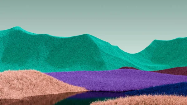 Paysage montagneux surréaliste avec des sommets verts et violets et un ciel pâle. Fond abstrait minimal. Surface agitée avec un léger bruit. Rendu 3d — Photo