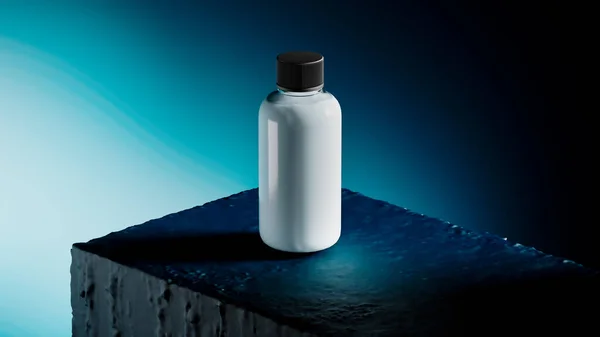 Φυσικό καλλυντικό στο σκούρο ελάχιστο στάδιο για την παρουσίαση του προϊόντος. Βάζο καλλυντικών με κρέμα, λοσιόν mock up. Δοχείο σαμπουάν, υγρό σαπούνι. 3d απόδοση — Φωτογραφία Αρχείου