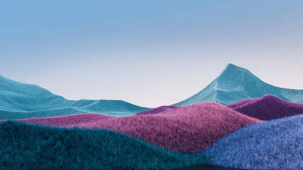 Szürreális hegyvidéki táj kék és lila csúcsokkal és kék égbolttal. Minimális elvont háttér. Bozontos felület, enyhe zajjal. 3D-s renderelés — Stock Fotó