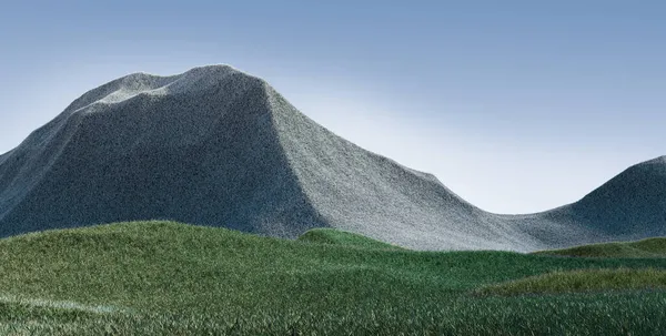 Surrealistická horská krajina s šedými a zelenými vrcholy a modrou oblohou. Minimální abstraktní pozadí. Chundelatý povrch s lehkým šumem. 3D vykreslování Royalty Free Stock Obrázky