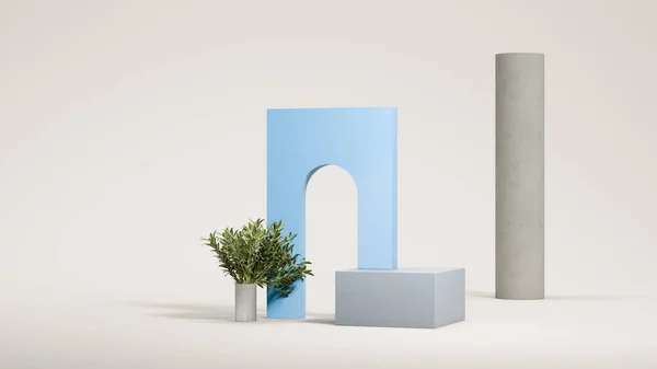 Niebieski wysoki łuk z betonowym okrągłym podium na jasnym tle. Minimalny projekt. 3d renderowanie. — Zdjęcie stockowe