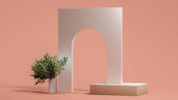 Bílá stěna s dírou v blízkosti rostlin a béžová vitrína na broskvově zbarveném pozadí. Prázdné místo. 3D vykreslování. — Stock fotografie