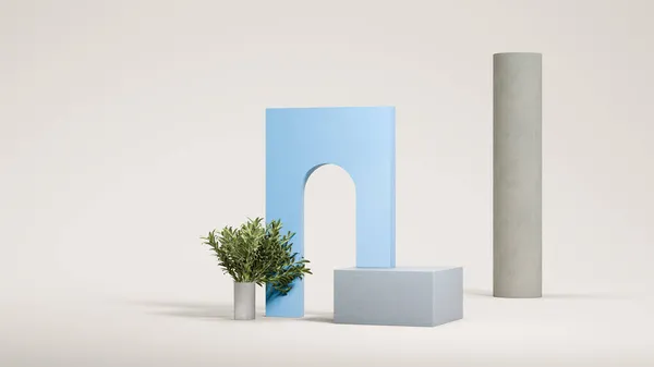 Blauer großer Bogen mit rundem Betonpodest auf hellem Hintergrund. Minimales Design. 3D-Darstellung. lizenzfreie Stockbilder