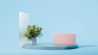 Açık mavi yuvarlak ve pembe kare podyumlar cam, bitki, açık mavi arka planda sırık. Boşluk. Modern sanat. 3B görüntüleme.