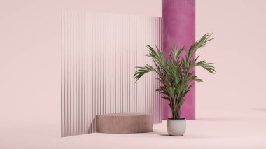 Bitkinin yanında Matt cam ve soluk pembe arka planda geometrik figürler. Uzayı kopyala Boşluk. Reklam. 3d oluşturma