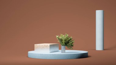 Açık mavi, yuvarlak podyum. Kahverengi arka planda, küçük palmiye ağacıyla kare şeklinde bir vitrin. Doğal bir gösteri. Minimum tasarım. 3d oluşturma.