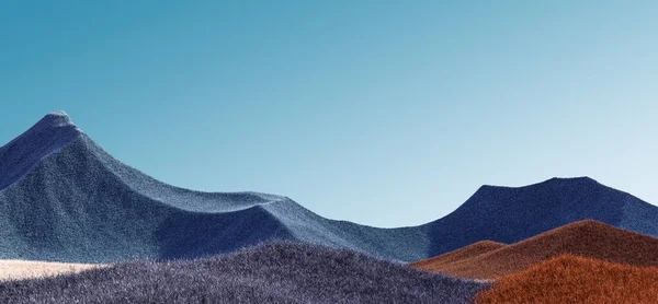 Szürreális hegyvidéki táj kék, narancssárga csúcsokkal és varangy égbolttal. Minimális elvont háttér. Bozontos felület, enyhe zajjal. 3D-s renderelés — Stock Fotó