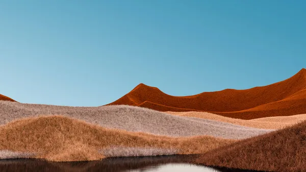 Paysage montagneux surréaliste avec des sommets orange, beige et ciel bleu. Fond abstrait minimal. Surface agitée avec un léger bruit. Rendu 3d — Photo
