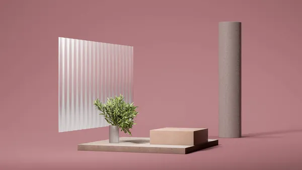 Prázdné matné sklo pro kopírování prostoru v blízkosti rostlin, tyče a čtvercové hnědé vitríny na zaprášeném růžovém pozadí. 3D vykreslování. Stock Fotografie
