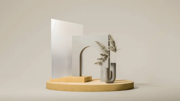 Сухі рослини з дугою на круглому подіумі. Мінімальний дизайн. 3D візуалізація . — стокове фото