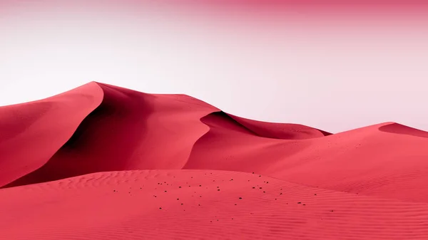 Jasně růžové duny a červená obloha. Pouštní krajina s kontrastní oblohou. Minimální abstraktní pozadí. 3D vykreslování Stock Snímky