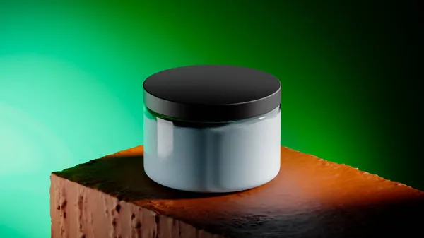 Cosmetico naturale sul palco minimale arancione brillante per la presentazione del prodotto. Sfondo verde. Barattolo cosmetico con crema, lozione finto. Distributore di shampoo, sapone liquido. rendering 3d Immagine Stock