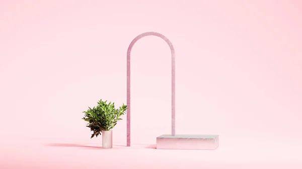 Różowy łuk, palma i kwadratowe podium. Minimalny projekt. 3d renderowanie. — Zdjęcie stockowe