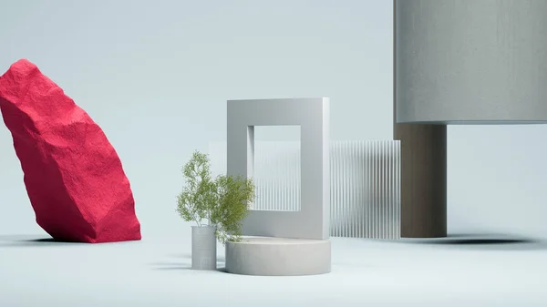 Rund podium display, fyrkantig vägg med hål och rosa sten på den blå bakgrunden med liten palm. Minimal design. 3d-konvertering. — Stockfoto