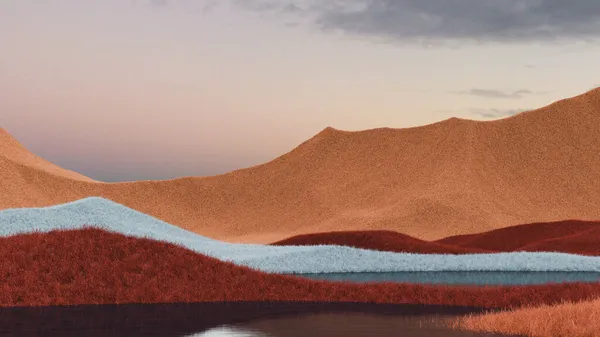 Surrealistická horská krajina s oranžovými a červenými vrcholy a růžovou oblohou. Minimální abstraktní pozadí. Chundelatý povrch s lehkým šumem. 3D vykreslování Stock Fotografie
