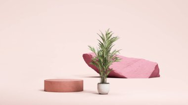 Soluk pembe arka planda yuvarlak turuncu podyum sergisi ve küçük palmiye ağacı. Minimum tasarım. 3d oluşturma.