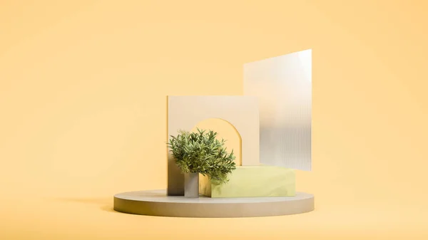 Exibição de pódio cinza redondo no fundo amarelo com pequena árvore verde. Design mínimo. Renderização 3d. — Fotografia de Stock