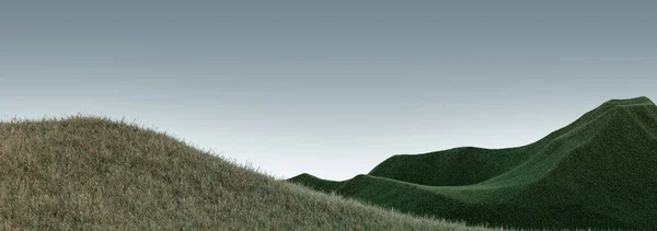 Montañas surrealistas paisaje con picos verdes y cielo gris pálido. Fondo abstracto mínimo. Superficie lanuda con un ligero ruido. renderizado 3d — Foto de Stock