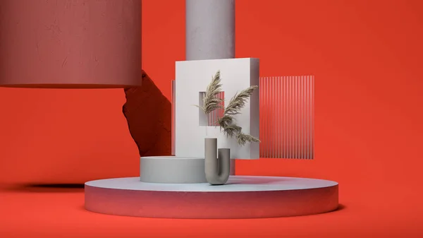 Ronde podiumweergave, verschillende abstracte geometrische figuren en plantenvaas op rode achtergrond. Minimaal ontwerp. 3d destructie. — Stockfoto