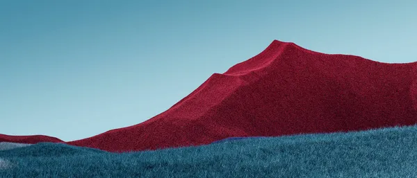 Szürreális hegyvidéki táj vörös, kék csúcsokkal és varangy égbolttal. Minimális elvont háttér. Bozontos felület, enyhe zajjal. 3D-s renderelés — Stock Fotó