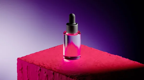 製品発表のための明るい赤の最小限の段階で自然な化粧品。紫色の背景。化粧品瓶にクリーム、化粧水モックアップ。シャンプーディスペンサー液体石鹸。3Dレンダリング — ストック写真