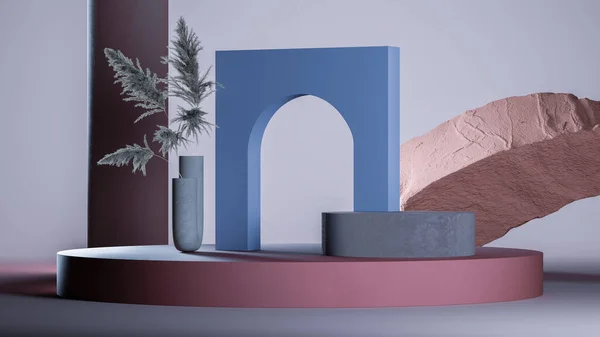 Темний простір з синьою дугою, сухими рослинами і великим рожевим круглим подіумом. Мінімальний дизайн. 3D візуалізація . — стокове фото