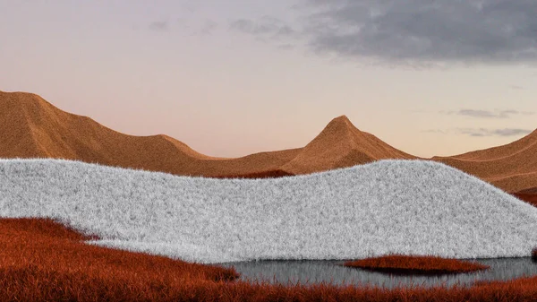 Surrealista paisaje de montañas con picos anaranjados y grises y cielo rosa. Fondo abstracto mínimo. Superficie lanuda con un ligero ruido. renderizado 3d — Foto de Stock
