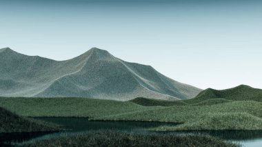 Soluk yeşil tepeleri ve deniz mavisi gökyüzü olan gerçeküstü dağlar. Asgari soyut arkaplan. Hafif gürültülü, tüylü bir yüzey. 3d oluşturma