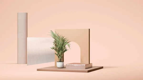 Ljusbrun vägg med hål nära glas, växt och fyrkantig brun skyltfönster på naken beige bakgrund. Modern konst. 3D-rendering. — Stockfoto