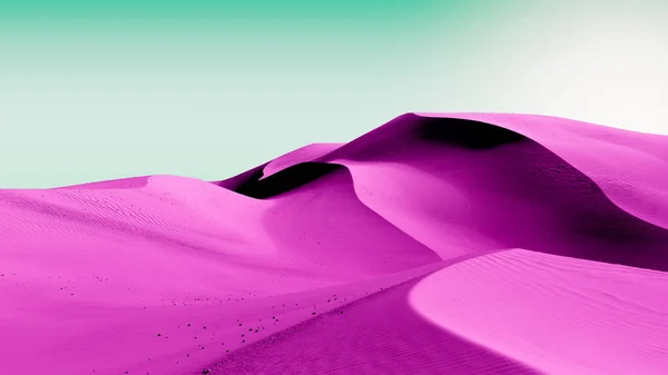 Tmavě purpurově růžové duny a zelená obloha. Pouštní krajina s kontrastní oblohou. Minimální abstraktní pozadí. 3D vykreslování — Stock fotografie