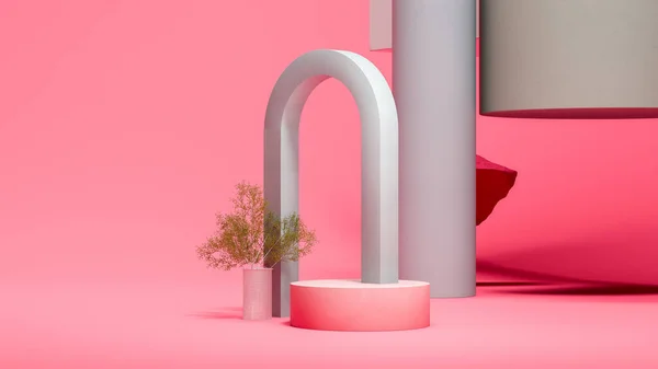 Arco cinza perto de pouca planta, rosa exibição pódio redondo e figuras abstratas diferentes no fundo cor-de-rosa brilhante. Realismo mágico. Arte moderna. Renderização 3D. — Fotografia de Stock