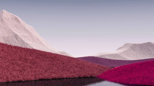 Surrealistická horská krajina s šedými, purpurovými štíty a modrou oblohou. Minimální abstraktní pozadí. Chundelatý povrch s lehkým šumem. 3D vykreslování — Stock fotografie