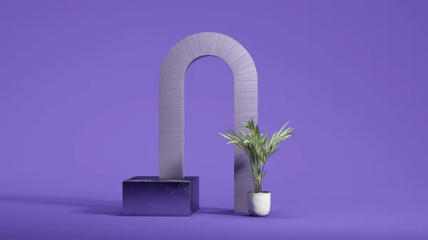 Display grigio ad arco e podio rotondo sull'arco grigio vicino alla pianta e vetrina viola scuro su sfondo viola scuro. rendering 3D. Posto per il vostro prodotto e annuncio. Fotografia Stock