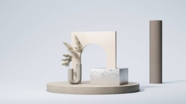 Soluk mavi arkaplanda kuru bitkilerle birlikte gri yay. Minimum tasarım. 3d oluşturma.