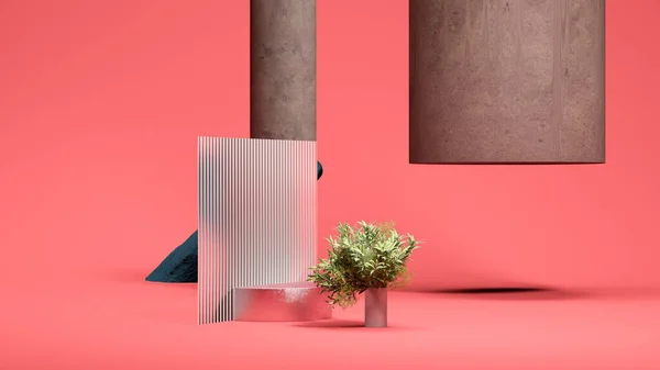 Квадратний подіум зі скляним екраном на соковитому рожевому фоні з маленьким зеленим деревом. Мінімальний дизайн. 3D візуалізація . — стокове фото
