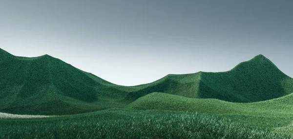 Surrealista paisaje de montañas con picos verdes y cielo gris. Fondo abstracto mínimo. Superficie lanuda con un ligero ruido. renderizado 3d — Foto de Stock