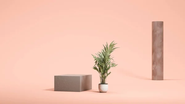 Soluk şeftali arkaplanda bitki yakınında sergilenen kare beton podyum görüntüsü. Boşluk. Reklam. 3B görüntüleme. Stok Resim