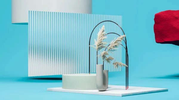 Adegan biru cerah dengan tanaman kering, layar akrilik dan podium persegi. Desain minimal. Rendering 3d. Stok Gambar Bebas Royalti